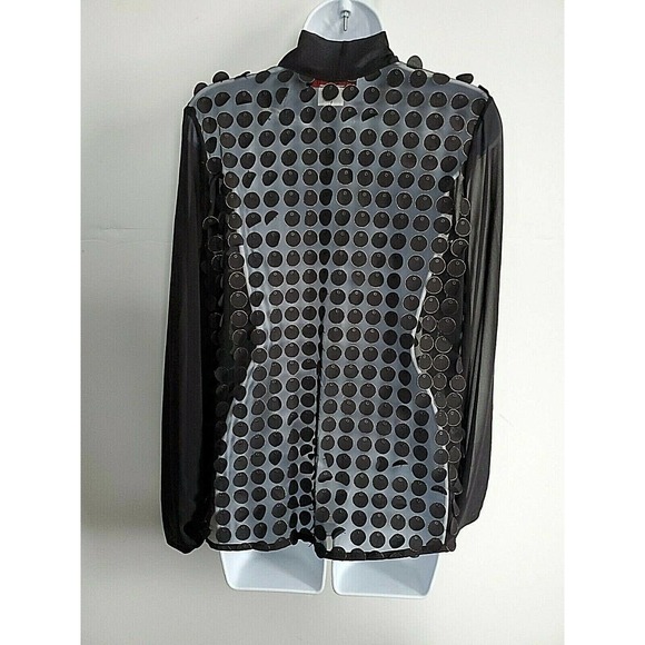 Nha Bhanh Sheer Small Button Down Black Shirt Circles w/Gold Trim Pussy Bow - Picture 7 of 10